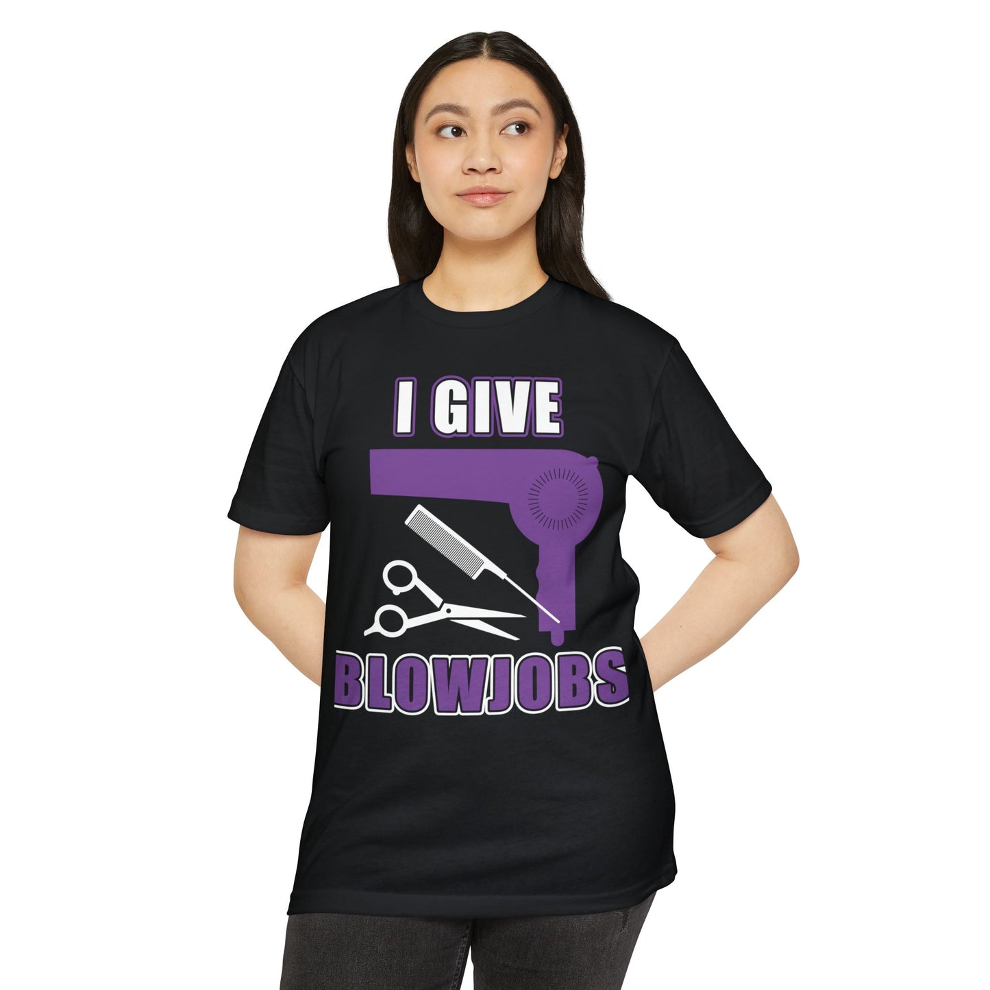 T-Shirt — “I Give Blowjobs” Funny Barber/Stylist Hair Dryer Design