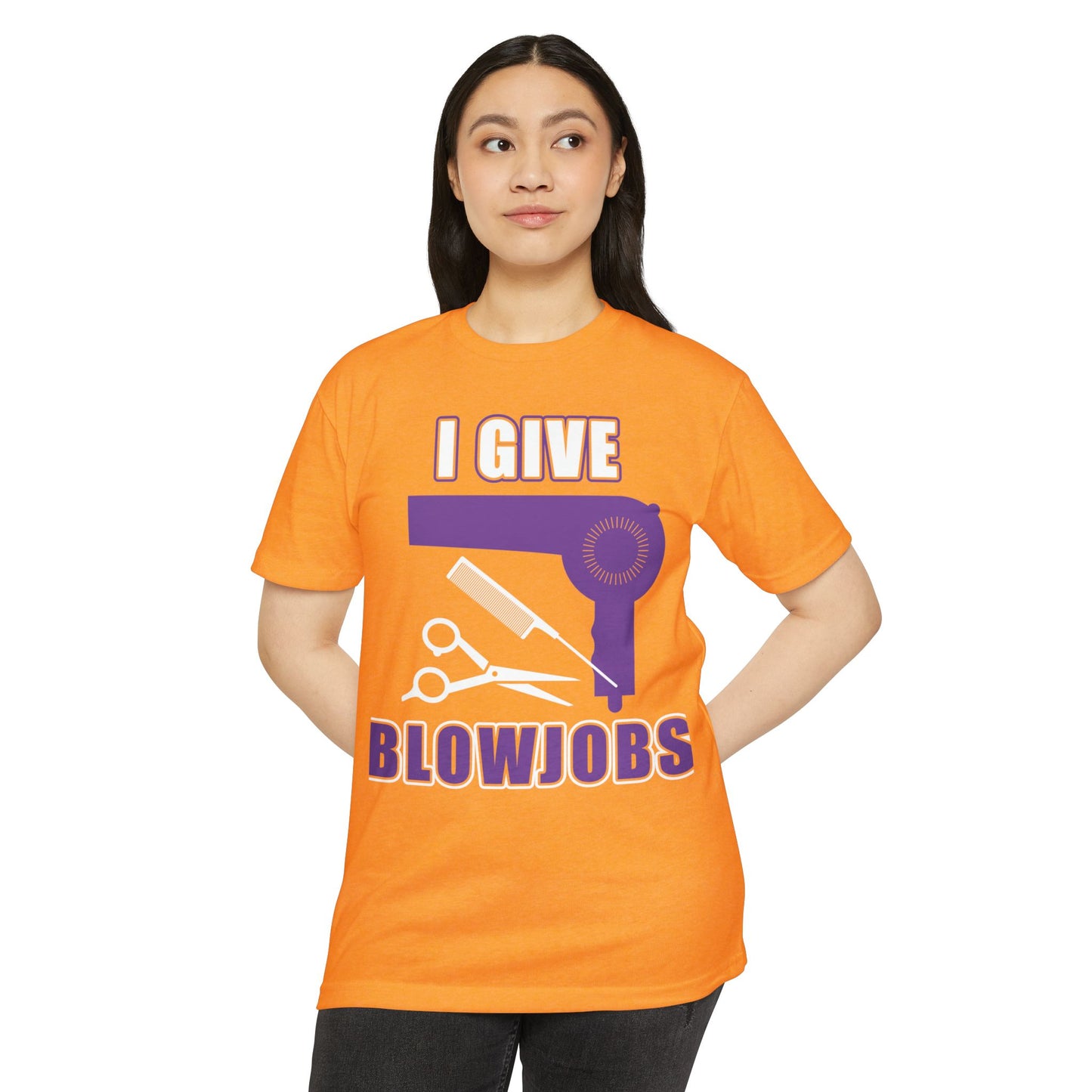 T-Shirt — “I Give Blowjobs” Funny Barber/Stylist Hair Dryer Design
