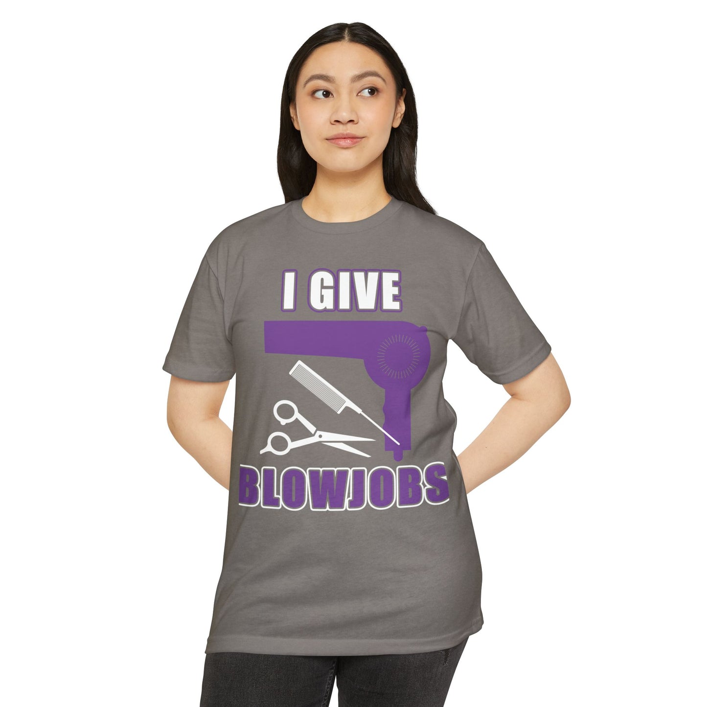 T-Shirt — “I Give Blowjobs” Funny Barber/Stylist Hair Dryer Design