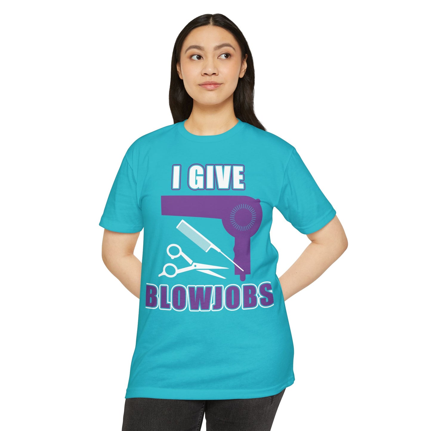 T-Shirt — “I Give Blowjobs” Funny Barber/Stylist Hair Dryer Design